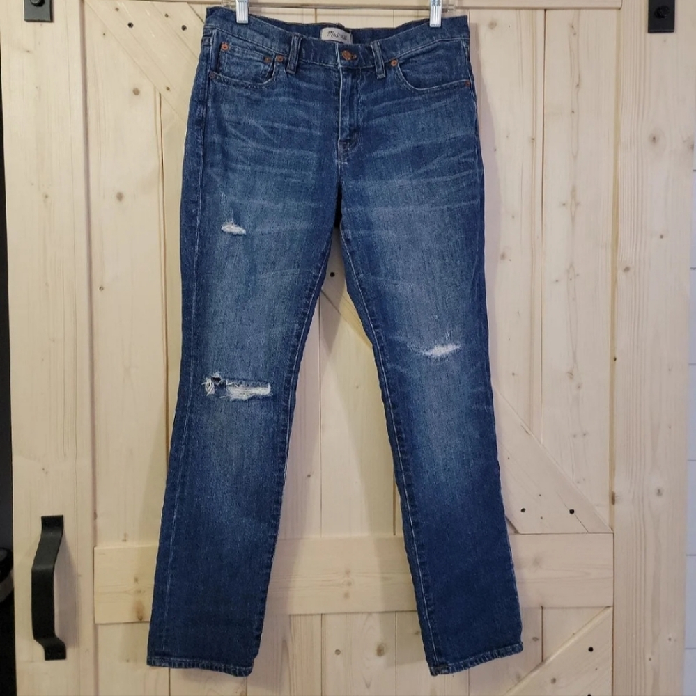 Madewell Distressed Boyfriend Jeans in Dark Blue